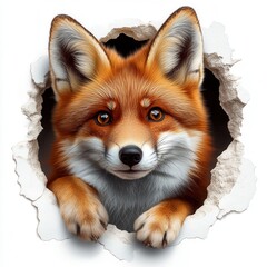Fototapeta premium A photorealistic red fox looking through a round hole in the wall, with an expressive face and bright eyes