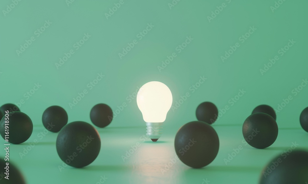 Poster one of lightbulb glowing among shutdown light bulb in dark area with copy space for creative thinkin