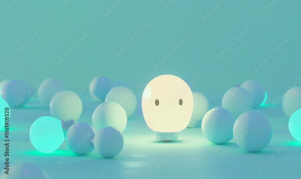 Poster one of lightbulb glowing among shutdown light bulb in dark area with copy space for creative thinkin