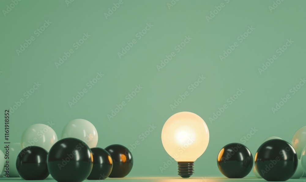 Poster one of lightbulb glowing among shutdown light bulb in dark area with copy space for creative thinkin