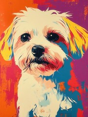 Pop-art of a Maltese dog in retro style on a vibrant background with abstract textures.