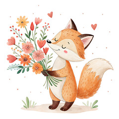Fototapeta premium Heartfelt valentine animals clipart adorable fox with flowers in a whimsical garden setting