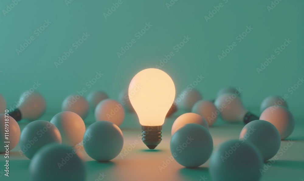 Poster one of lightbulb glowing among shutdown light bulb in dark area with copy space for creative thinkin