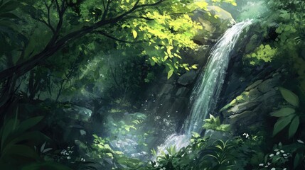 Serene Waterfall Cascading Through Lush Green Forest