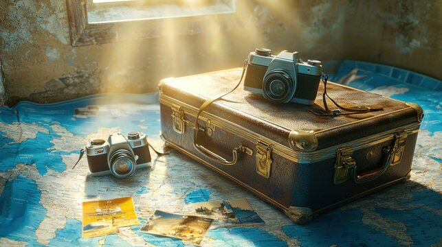 Vintage cameras and suitcase rest on a world map, bathed in sunlight.