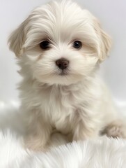 Adorable Maltese puppy with cream-white fur sitting on a soft white background