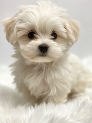 Adorable Maltese puppy with cream-white fur sitting on a soft white background