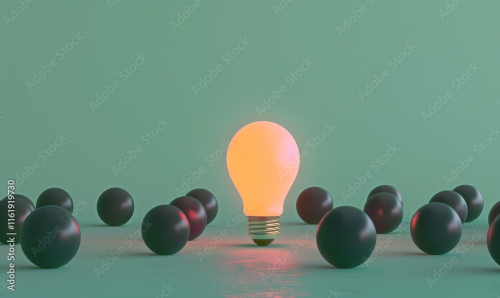 Poster one of lightbulb glowing among shutdown light bulb in dark area with copy space for creative thinkin