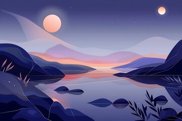 A tranquil illustration depicts a serene lake reflecting a sunset, nestled between mountains under a twilight sky. Two moons and stars adorn the night sky.