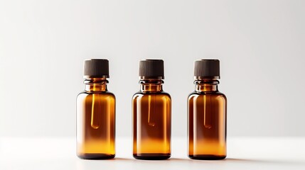 Three amber glass dropper bottles meticulously arranged in a symmetrical pattern against a pure white background with soft diffused lighting that emphasizes their minimalist modern design