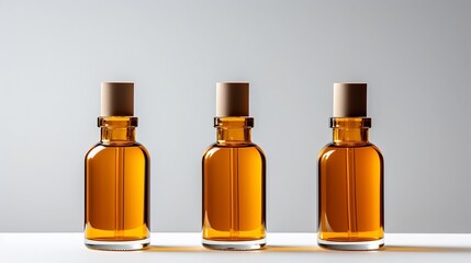 Elegant arrangement of three amber glass dropper bottles on a smooth clean white surface with gentle shadows for a professional minimalist appearance