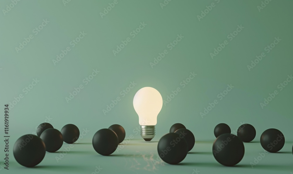 Poster one of lightbulb glowing among shutdown light bulb in dark area with copy space for creative thinkin