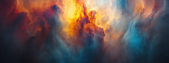 stunning cosmic scene with vibrant colors of orange, blue, and red, depicting nebula in space. swirling clouds create dramatic and awe inspiring celestial backdrop