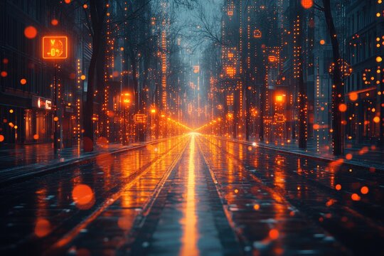 Rainy city street at night, illuminated by warm orange lights and digital displays. Perfect for cyberpunk, futuristic, or urban themes.