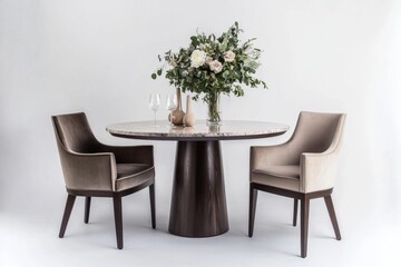 Round marble dining table with velvet chairs and floral centerpiece under bright studio lighting

