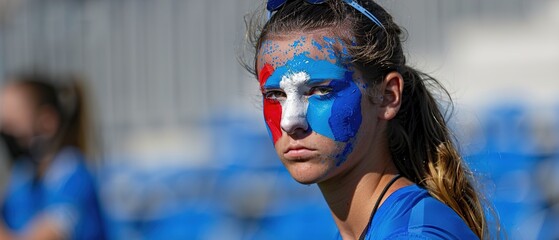 3Happy French woman supporter with face painted in French flag colors