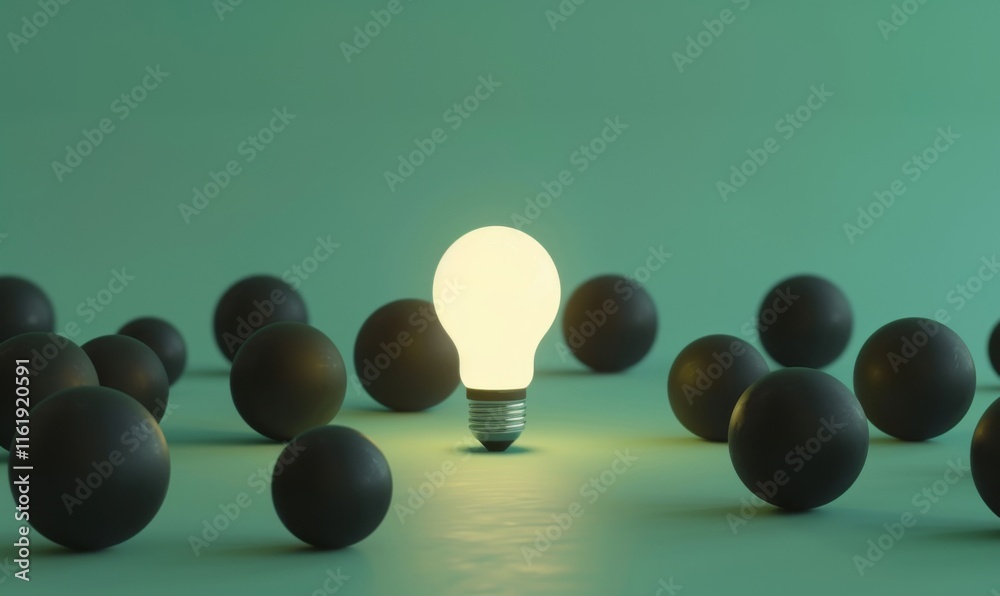 Poster one of lightbulb glowing among shutdown light bulb in dark area with copy space for creative thinkin