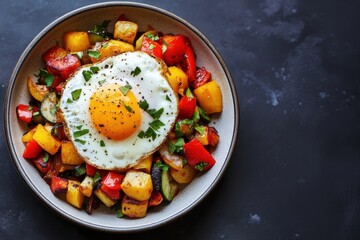 A plate of food with a fried egg on top of it