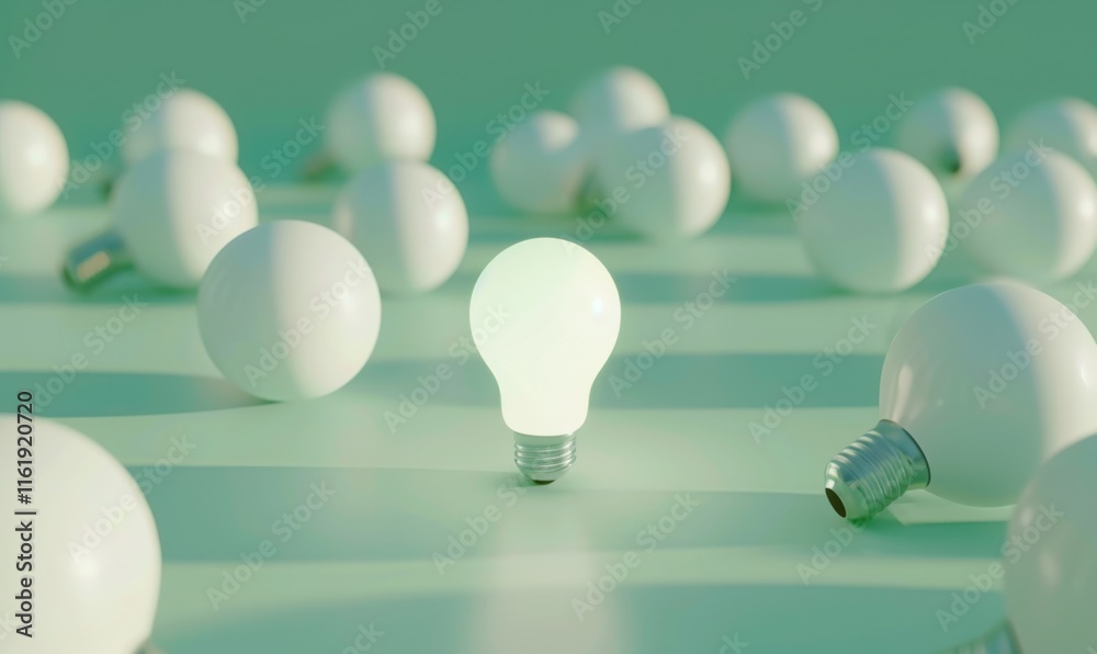 Poster one of lightbulb glowing among shutdown light bulb in dark area with copy space for creative thinkin