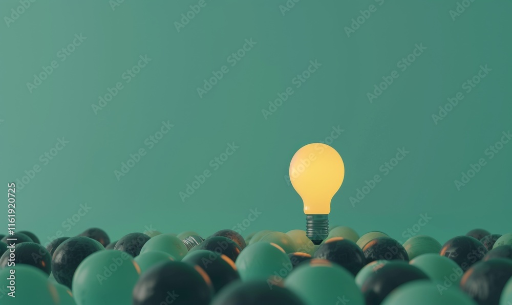 Poster one of lightbulb glowing among shutdown light bulb in dark area with copy space for creative thinkin