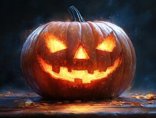 Obraz premium Fiery jack-o'-lantern glows on dark background, autumn leaves scattered below. Perfect for Halloween, spooky themes, or autumnal imagery.
