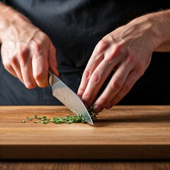 A chef cutting fresh basil leaves with precision on a wooden board, emphasizing culinary expertise.  chef, plating, vegetables, dish, culinary, gourmet, artistic, food, professional, presentation, det