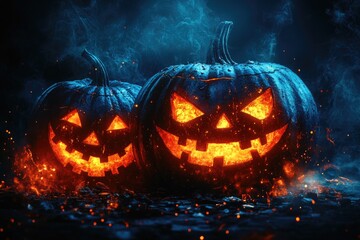 Fiery jack-o'-lanterns glow amidst smoke and embers. Perfect for Halloween, horror, and spooky themes.