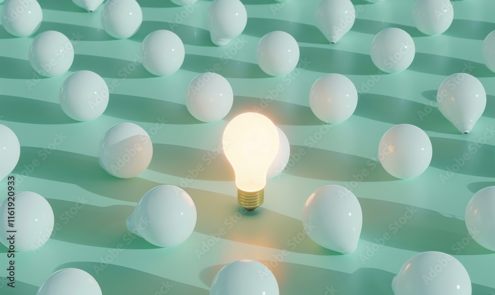 Poster one of lightbulb glowing among shutdown light bulb in dark area with copy space for creative thinkin