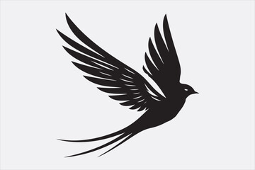 A black silhouette of a flying swallow.