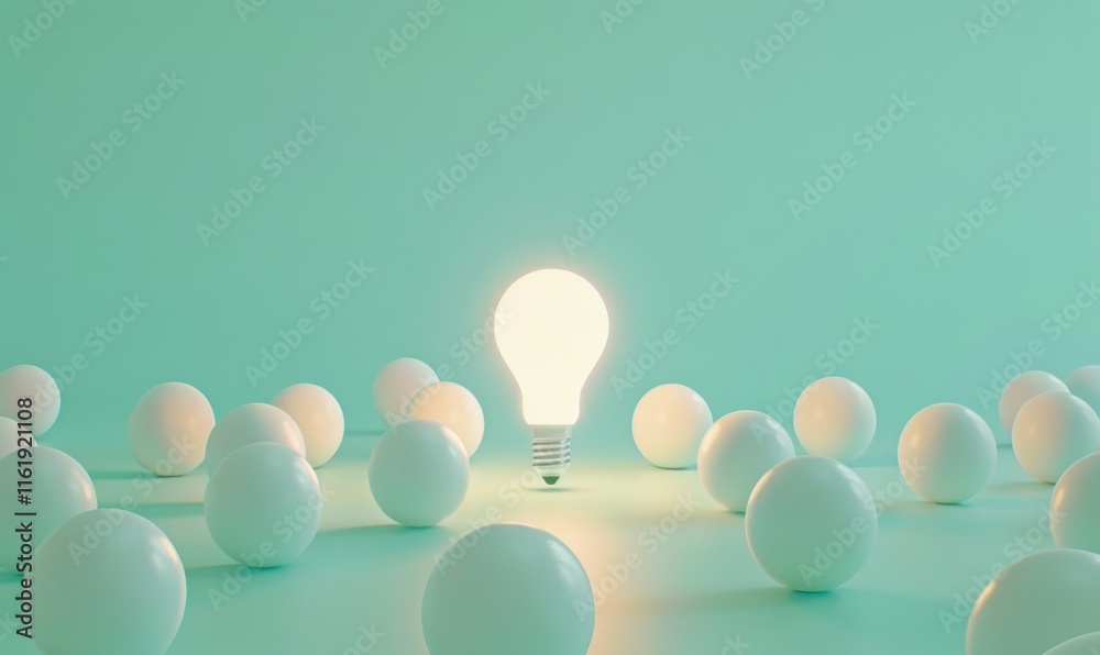 Poster one of lightbulb glowing among shutdown light bulb in dark area with copy space for creative thinkin