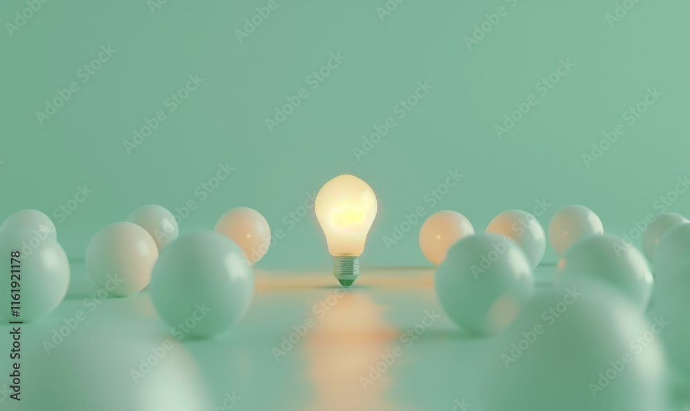Poster one of lightbulb glowing among shutdown light bulb in dark area with copy space for creative thinkin