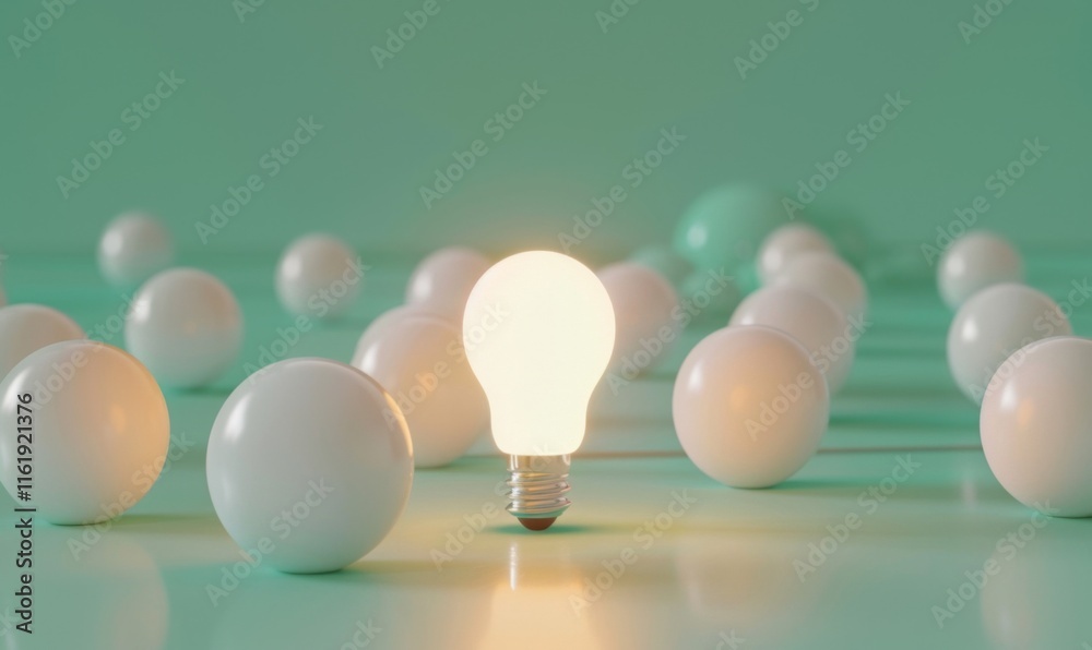 Poster one of lightbulb glowing among shutdown light bulb in dark area with copy space for creative thinkin