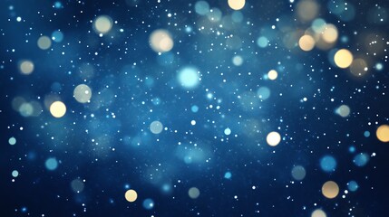 Abstract blue bokeh lights on dark background, magical snowfall effect for holiday designs and festive new year templates