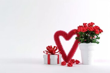 3D rendering of a red love sign made from wool with flowers in a white pot and a gift box, isolated on a white background