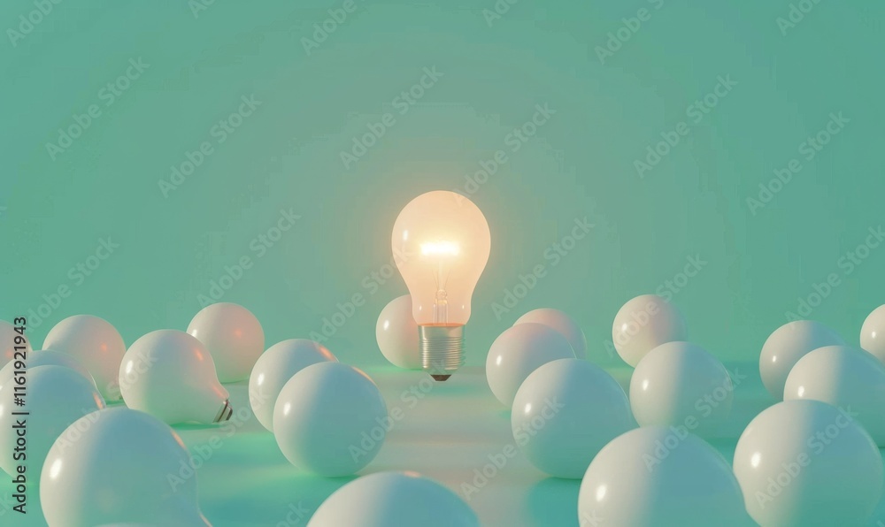 Poster one of lightbulb glowing among shutdown light bulb in dark area with copy space for creative thinkin