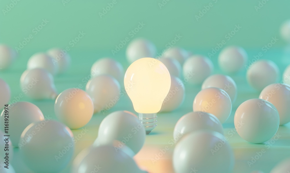 Poster one of lightbulb glowing among shutdown light bulb in dark area with copy space for creative thinkin