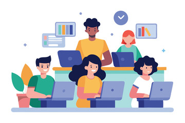 computer lab, students working on laptops flat illustration.eps