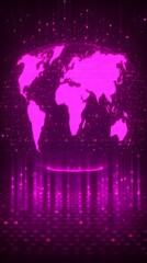 Glowing pink world map on digital sphere.