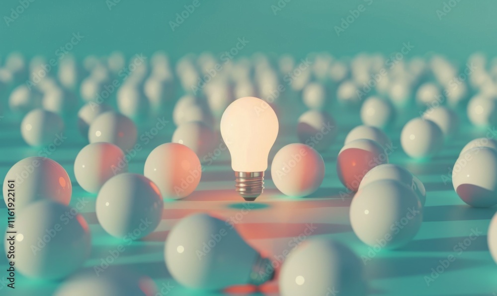 Poster one of lightbulb glowing among shutdown light bulb in dark area with copy space for creative thinkin