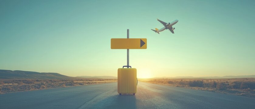 Yellow suitcase on an open road with an airplane and sign, suggesting travel and journey.