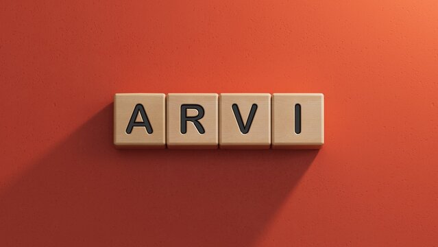 cubes with the word arvi on doctor's hand. Care concept.close up of wooden elements,Business Concept.3D rendering on red background.