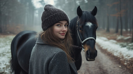Obraz premium Germany woman wearing coat with a black horse on a forest in snowy weather
