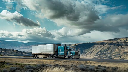 A large white truck driving on a highway in the mountain