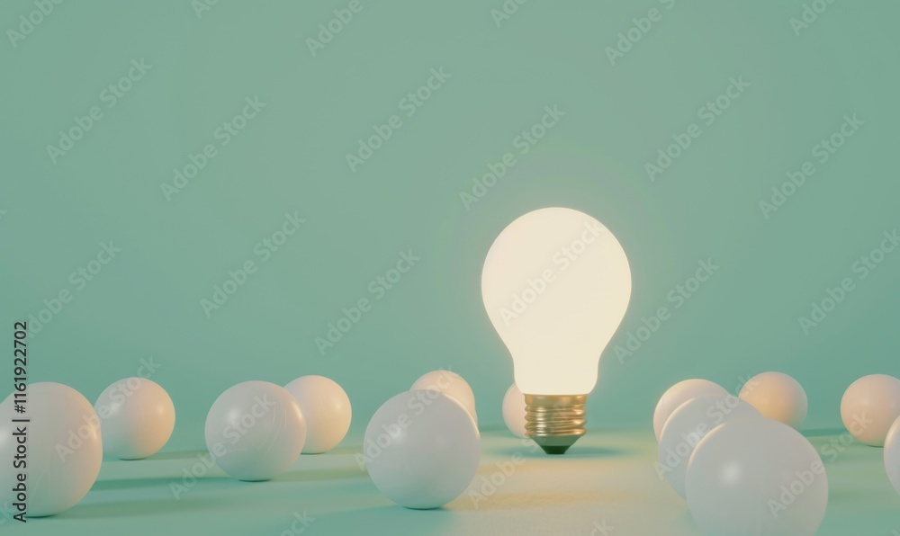 Poster one of lightbulb glowing among shutdown light bulb in dark area with copy space for creative thinkin
