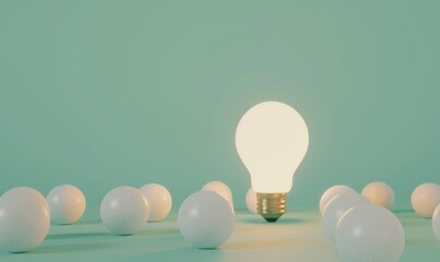 One of Lightbulb glowing among shutdown light bulb in dark area with copy space for creative thinking , problem solving solution and outstanding concept by 3d rendering technique