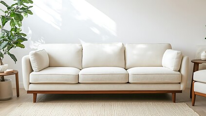Fototapeta premium Modern off-white sofa with wooden legs in bright living room.