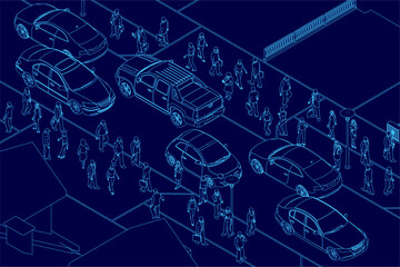 Blue image of a busy street with cars and pedestrians. The image is a drawing of a city street with cars and people. Scene is busy and bustling, with many people walking
