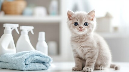 A kitten is sitting on a towel next to a bottle of cleaner