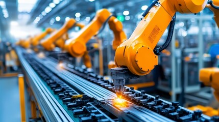 Robotics in industrial automation manufacturing facility machinery factory environment close-up