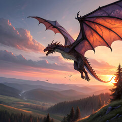 realistic dragon in sunset